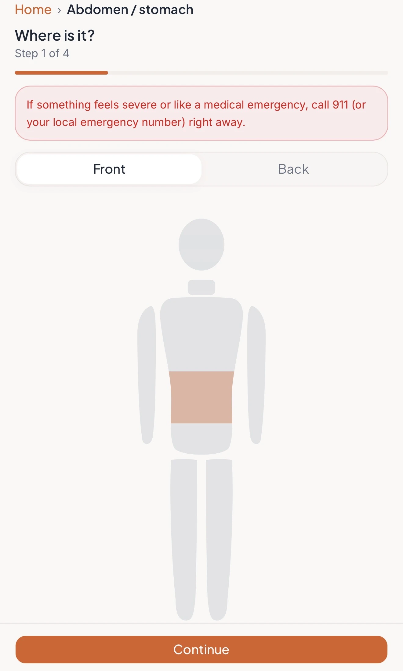 I Feel You body map, with a front and back figure to tap where you feel a symptom.